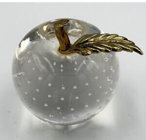 Venetian Art Glass Apple Paperweight w/Brass Leaf & Stem Bullicante Bubbles